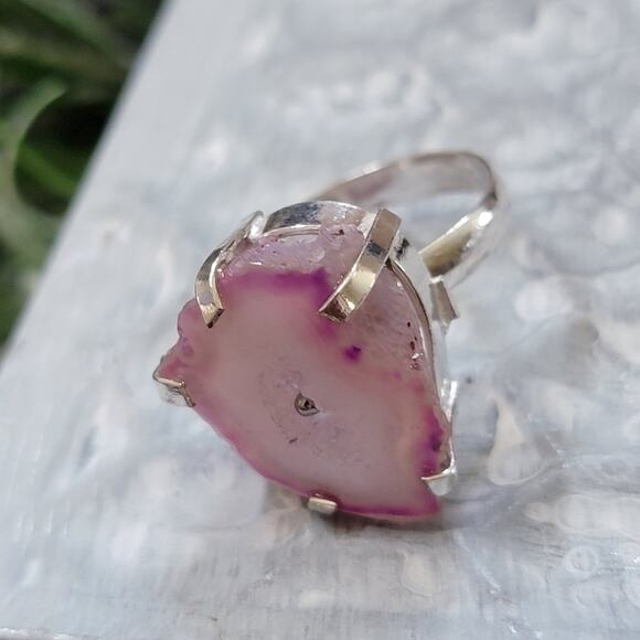 Pink Agate Slice Statement Rings, Gemstone Sterling Silver Ring, Size 7.5 - Picture 4 of 10